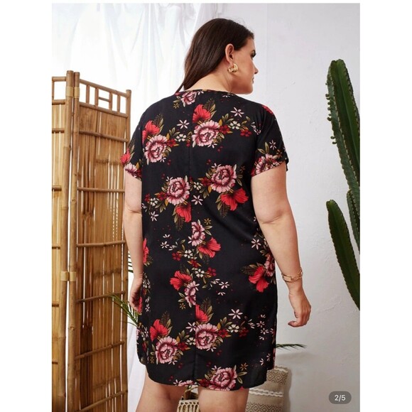 Black Tropical Floral Batwing Dolman Short Sleeves Shift Dress Size 3X - Picture 6 of 10